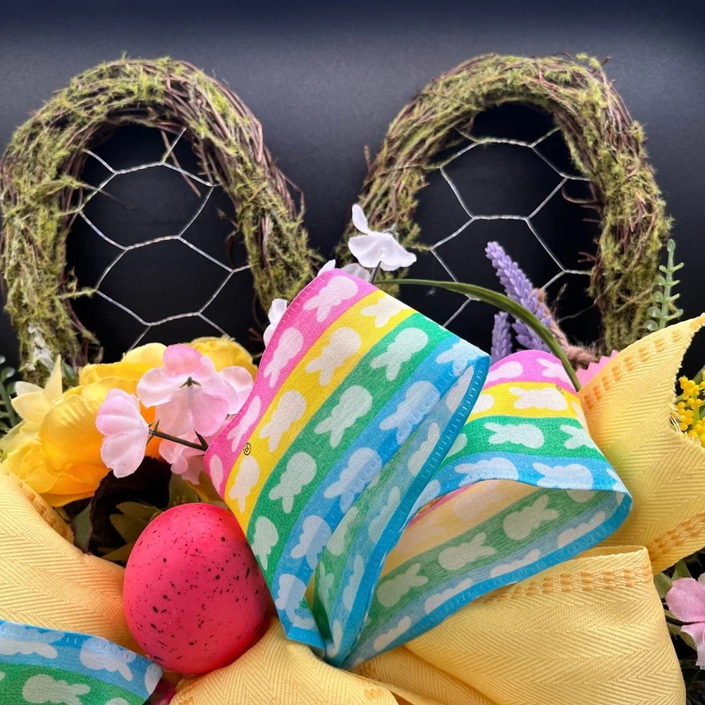 Easter Bunny Grapevine Wreath Yellow Velvet Rabbit Spring Floral Door 21